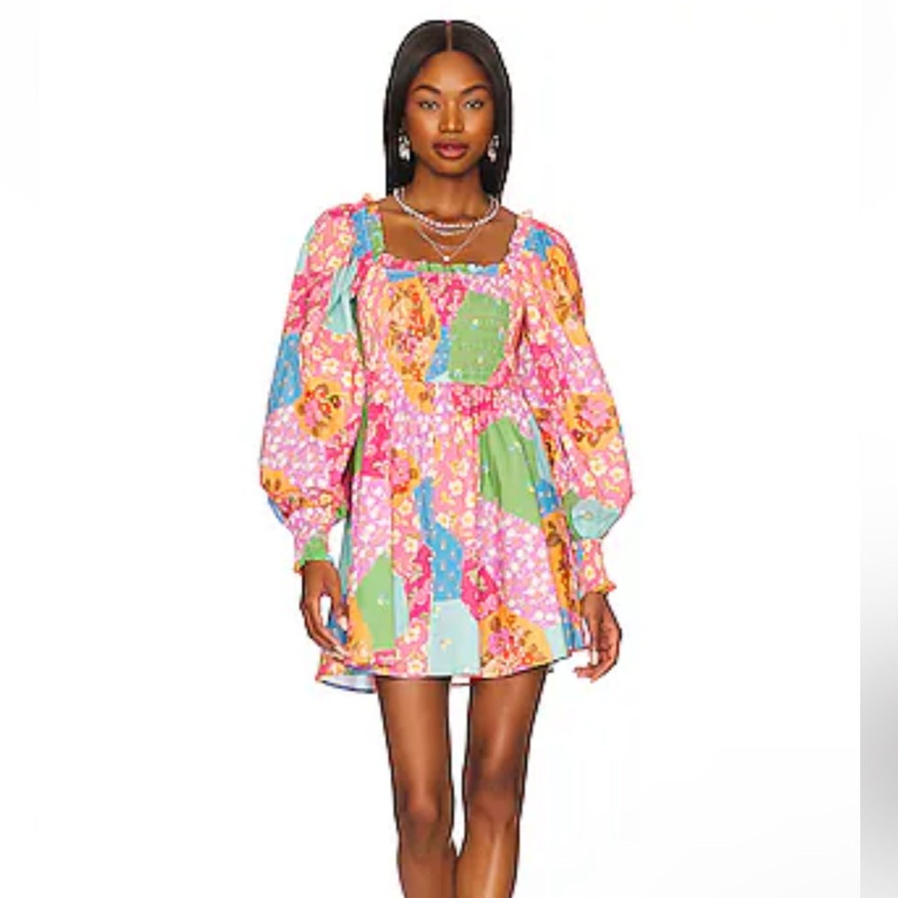 Spell Multicolor Patchwork Floral Smocked Mini Dress